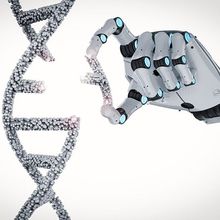 A robotic hand adding a piece of DNA to an existing DNA strand to complete the sequence.