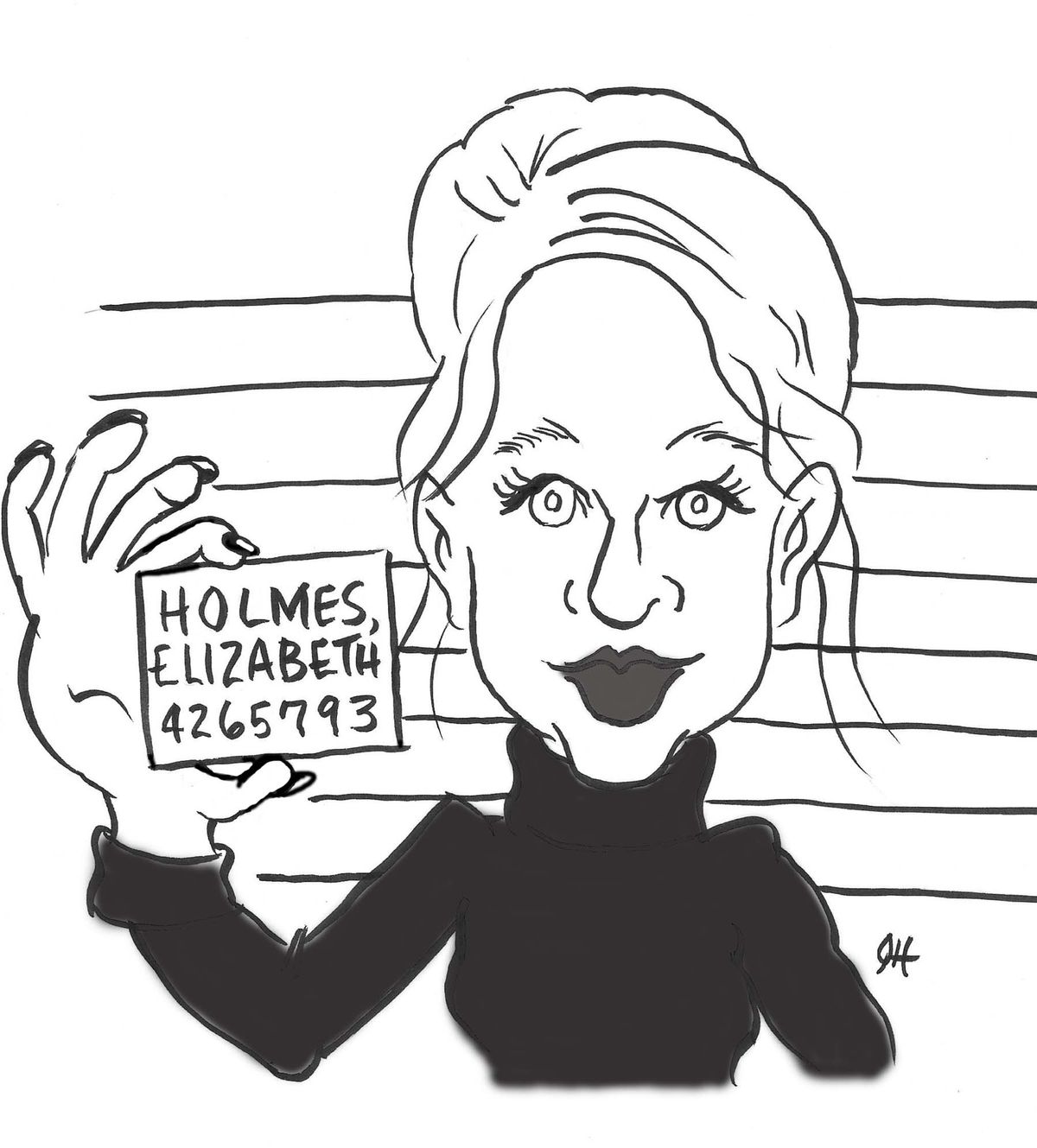 Illustration of a mugshot of Elizabeth Holmes holding a place card with her booking ID 
