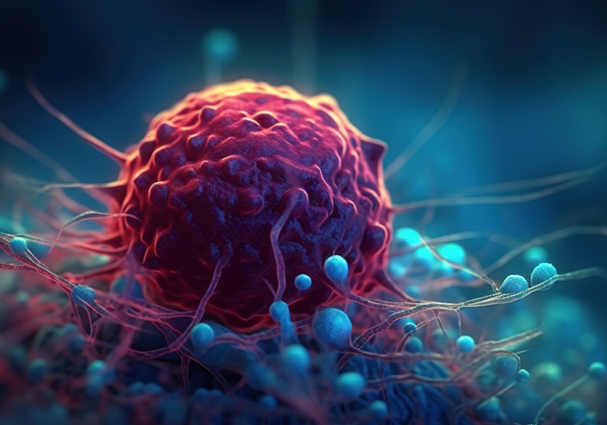 Artistic rendering of a cancer cell in red with round, blue accents