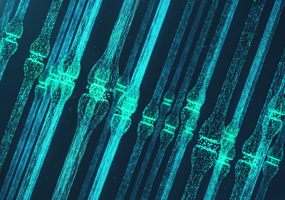Conceptual image of linearly arranged blue-green colored axons and synapses on a black background.