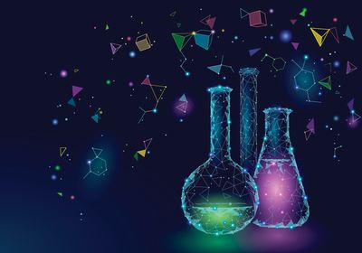 An abstract rendering of laboratory flasks with green and pink glowing liquid and scientific shapes floating above.