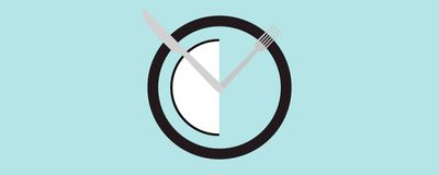 Illustration of a clock with a fork and knife instead of hands.