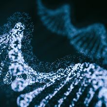 Illustration of light blue speckled DNA helix on a dark background