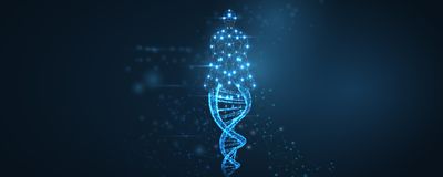 Conceptual blue wireframe image of human body with illuminated points and DNA helix overlay.