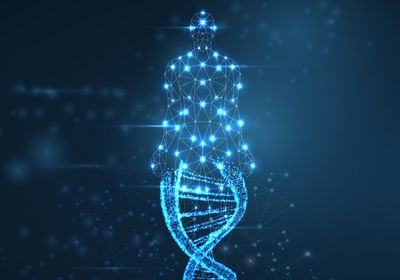 Conceptual blue wireframe image of human body with illuminated points and DNA helix overlay.