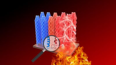 Blue and red rods engulfed by fire and lightning. Magnifying glass highlights blue and red helices on the surface of the rods.