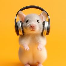 A light gray mouse against an orange background listens to tiny headphones