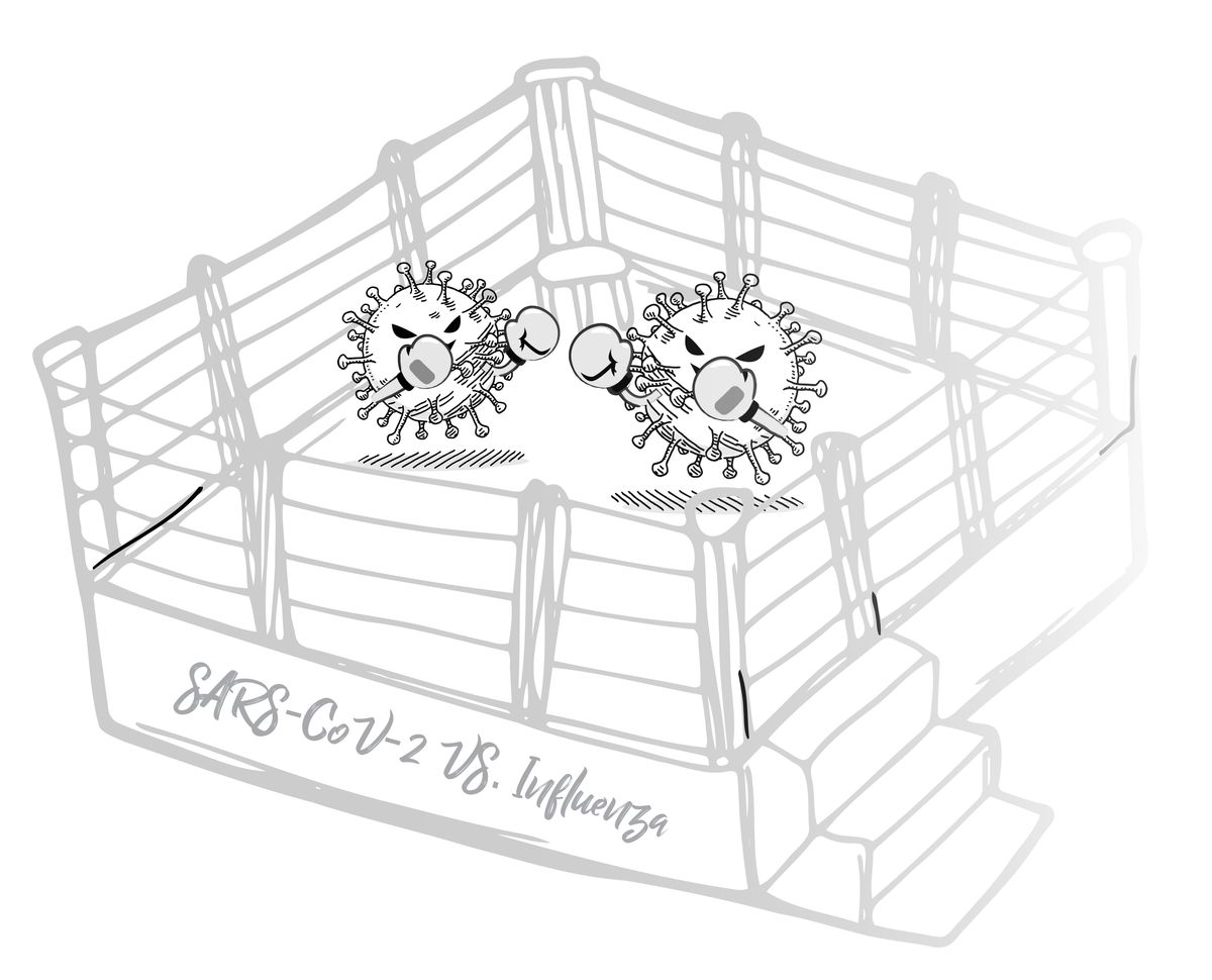 Illustration of viruses fighting in a boxing arena 