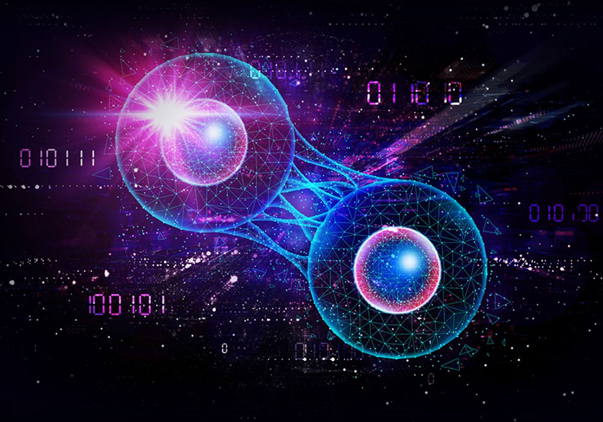 A graphic of two stem cells colored pink and blue splitting from each other, with binary code shown in the background.