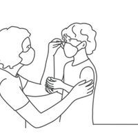 A black line drawing of a mother putting a face mask on a child with a white background