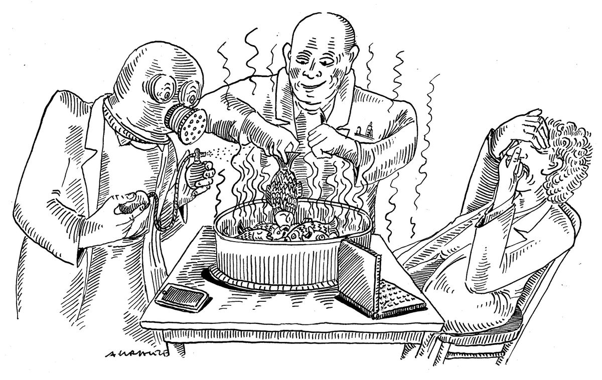 Illustration of scientists working with rotting fish