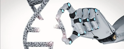 Robotic hand inserting snipped of DNA into a double helix